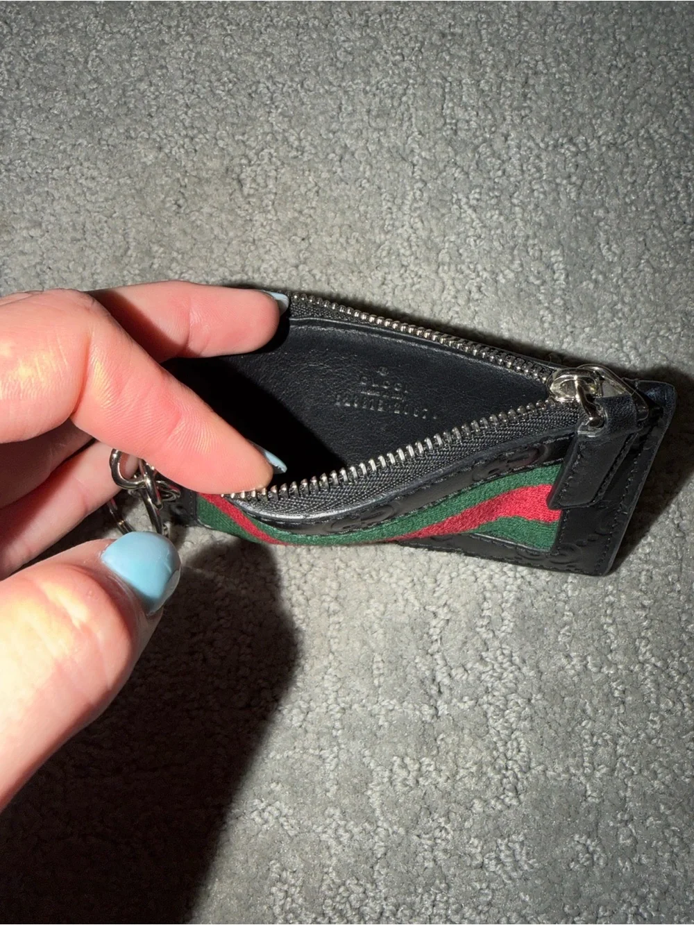 Gucci Black Embossed Leather Card Pouch with Green & Red Stripe